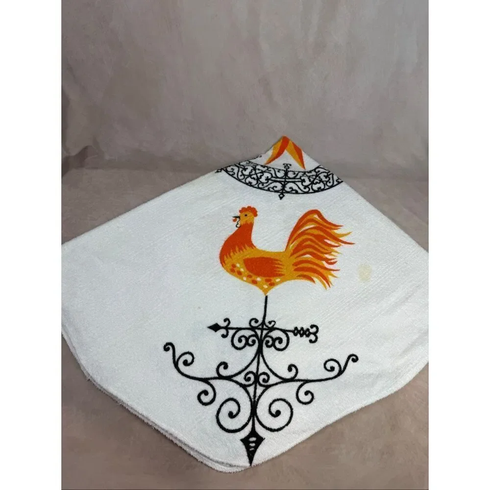 Vintage Terrycloth Chicken Rooster Tablecloth MCM Mod READ